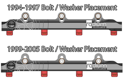 Radium BP 1.8L fuel rail with phenolic insulating washers, sold by Tuned By Shawn