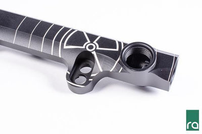 Black anodized Radium Miata fuel rail with 8AN ORB ports, Tuned By Shawn