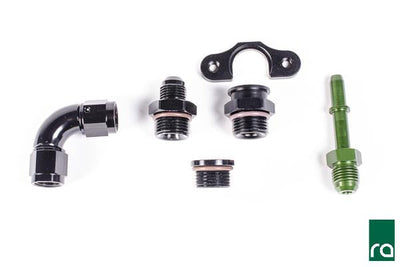 Radium adapters connecting OEM Miata lines to the 20-0369 rail, Tuned By Shawn