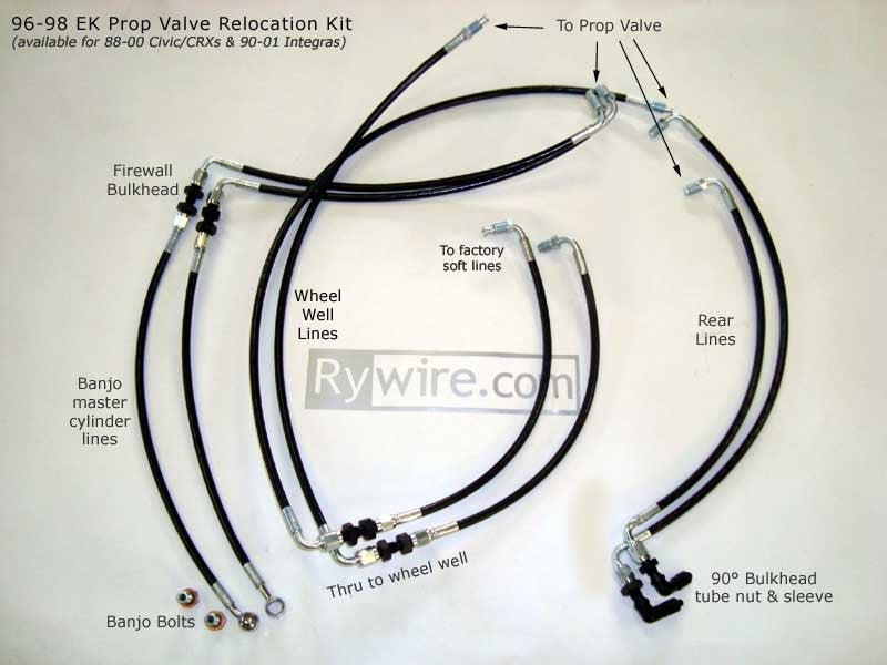Rywire proportion valve relocation kit for Civic, CRX and Integra with black lines and fittings, photo 2
