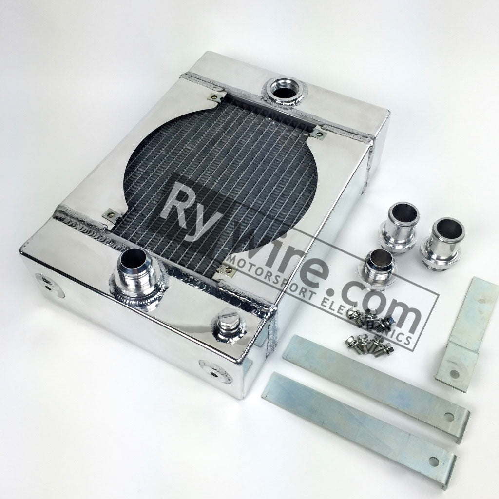 Rywire polished drag race radiator with 9-inch SPAL fan, sold by Tuned By Shawn