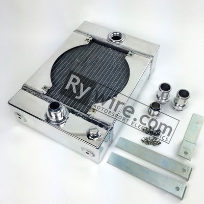 Rywire polished drag race radiator with 9-inch SPAL fan, sold by Tuned By Shawn