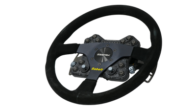 Italian suede wrap detail on the Sabelt SW-635 racing wheel, sold by Tuned By Shawn