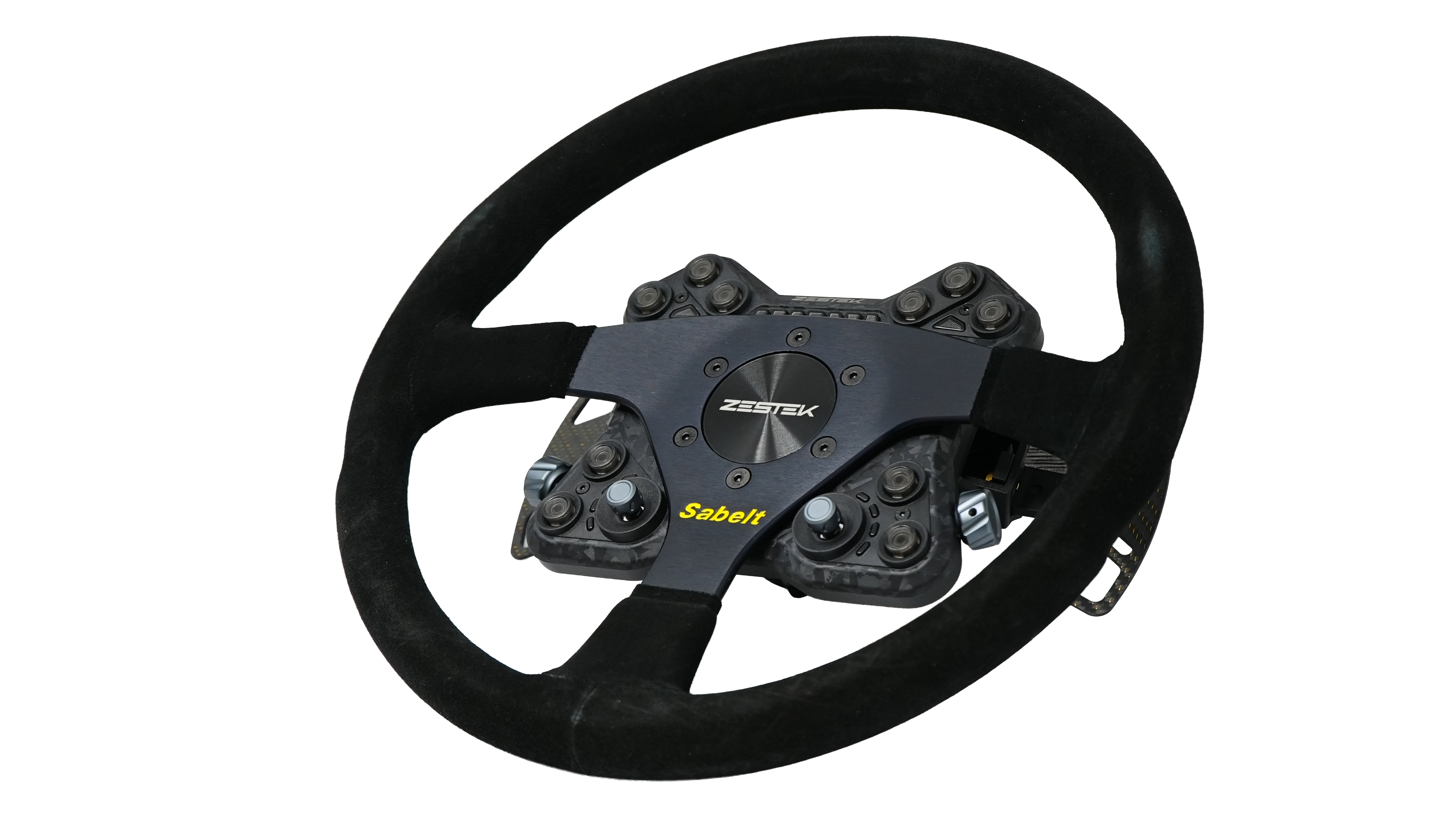 Italian suede wrap detail on the Sabelt SW-635 racing wheel, sold by Tuned By Shawn